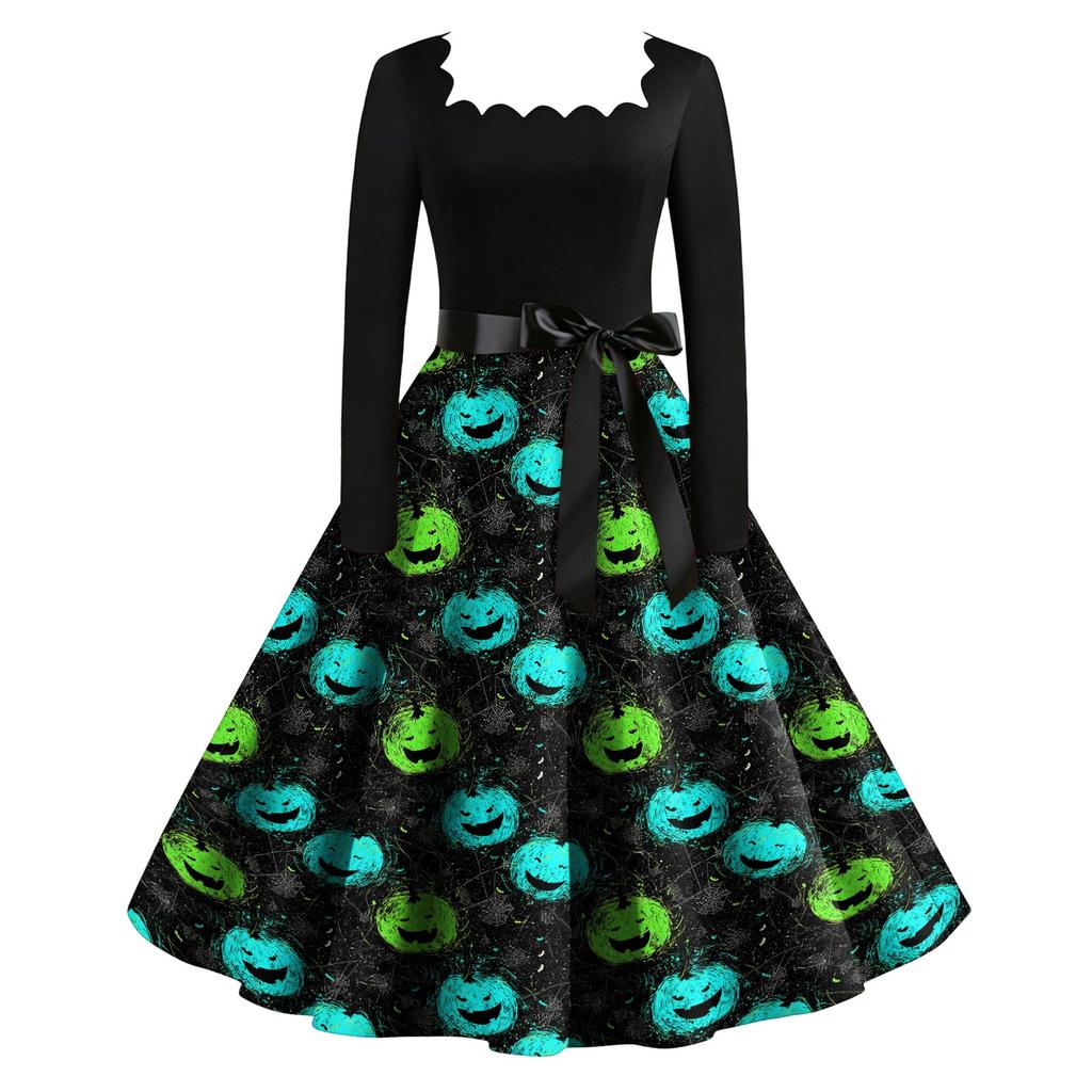 Women Vintage Long Sleeve Square Neck Halloween Printed Party Dress Retro Full Skirt Mid-Calf Length Elegant Fit and Flare Dress