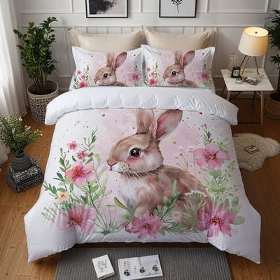 Rabbit 3D Printing Three-Piece Home Textile Bedding Quilt Cover Pillowcase
