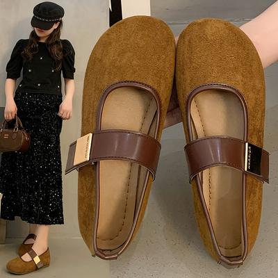 Retro Wildleder Mary Jane Schuhe für Damen 2025 Frühling neu flacher Mund Ein-Wort-Riemen flache Sohle Schuhe mit Rock Oma-Schuhe