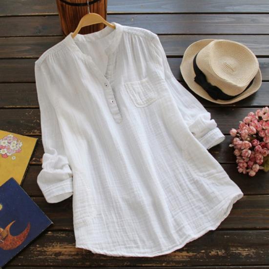 Woman Shirt Semi-open V Neck Buttons Placket Long Sleeves Pullover Casual Wear Solid Color Top Blouse Summer Casual Loose T-shirt Commuter Clothes