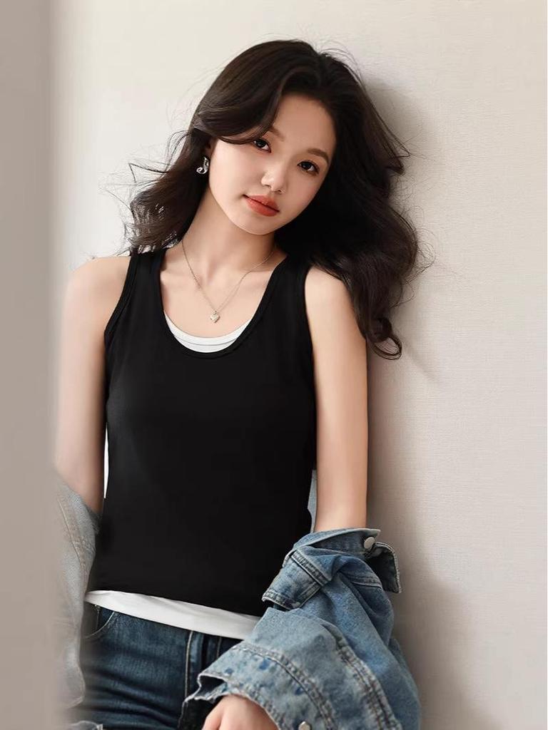 2026 Spring Women's Modal Camisole Vest: Color Block, Wide Straps, Slim Fit, Sleeveless Top