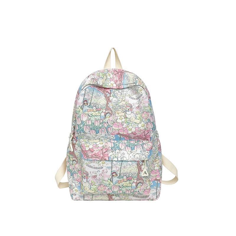Korean Ins Flower Student Schoolbag Light Casual All-matching Nylon Campus Backpack Large-capacity Travel