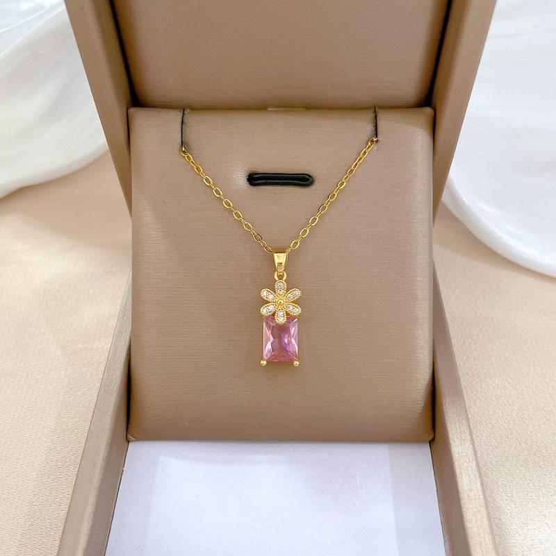 Micro-Inlaid Necklace Earrings Set Light Luxury Flower Square Personality Temperament Banquet Earrings Necklace Combination