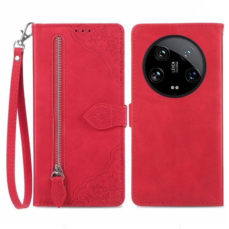 

For Xiaomi 14 Ultra Case Flower Imprinted Zipper Pocket Leather Phone Cover