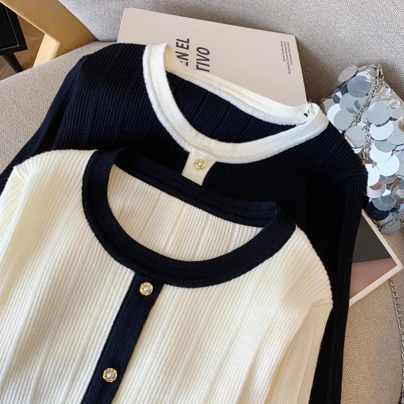 Modischer Patchwork Colorblock Strickpullover mit Trompetenärmeln für Damen