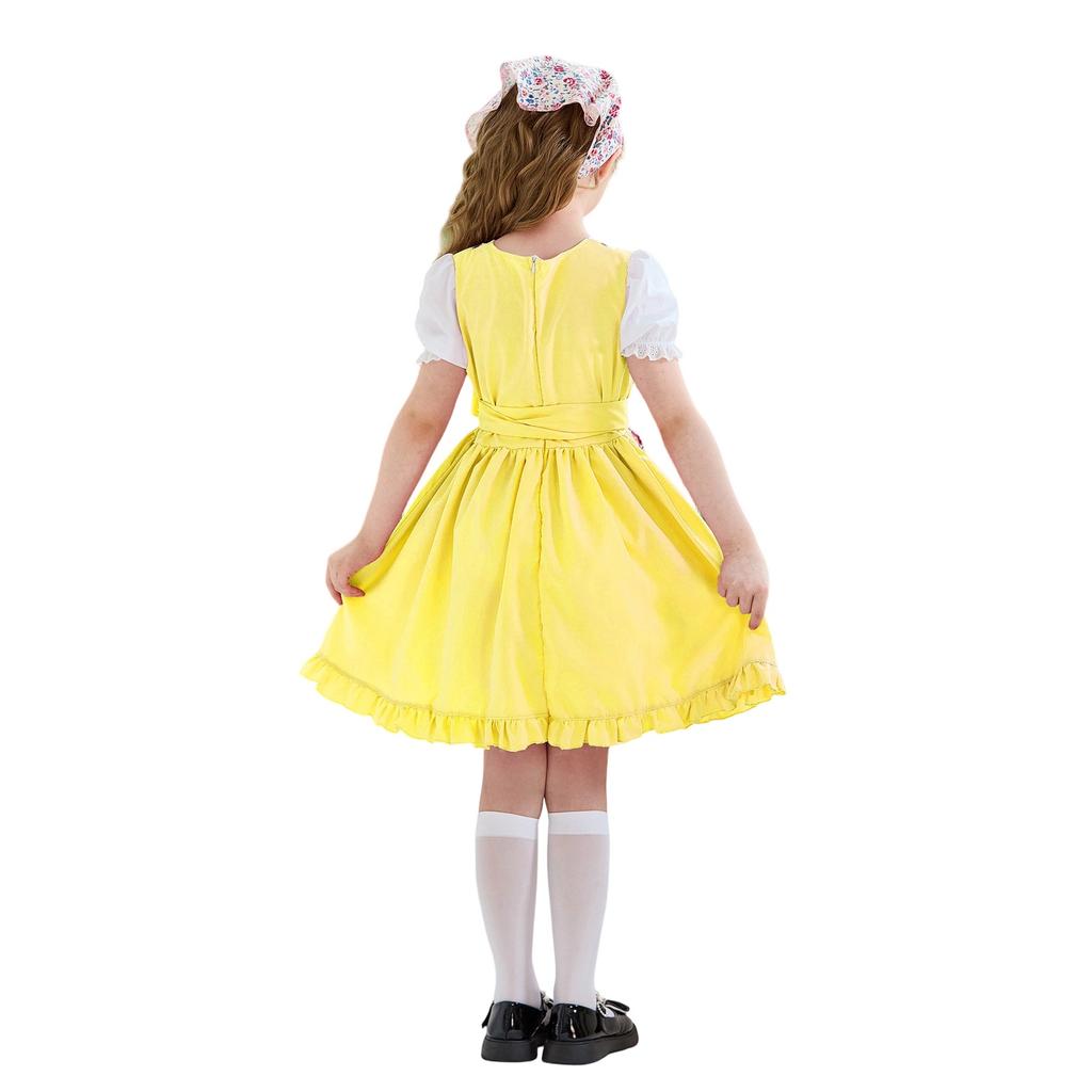 Girls Traditional Farm Dress with Apron and Headscarf Bavarian Oktoberfest Costume for Kids Rustic Country Style Outfit