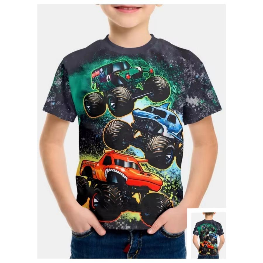 3D Digital Print Kids Stylish Truck Cartoon Animal Pattern T-Shirt Boys Short Sleeve Crew Neck Casual T-shirts
