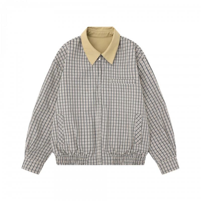 Unisex Retro Harrington Jacket With Plaid Patchwork Design Reversible Casual Outerwear
