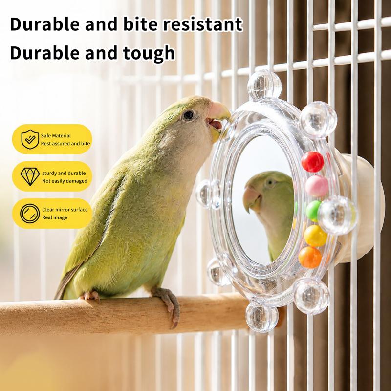 Colorful Ball Parrot Mirror Wear-Resisting Spinning Puzzle Bird Mirror Perch Bite Resistant Bird Cage Decor