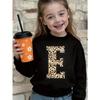 Kids Crewneck Sweatshirt, Black Floral Print with Leopard Letter E Graphic