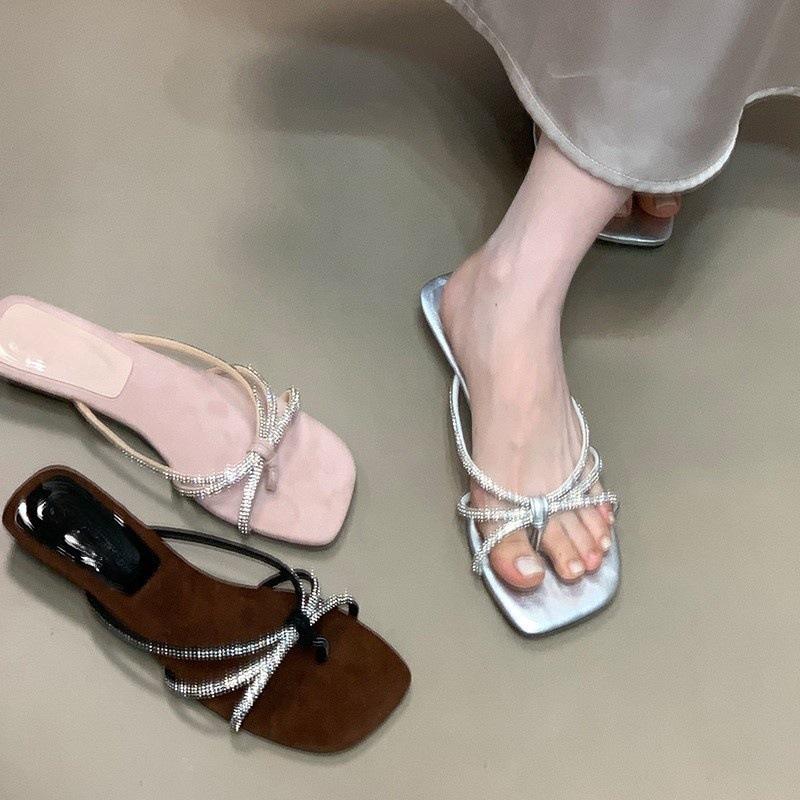 Dünner Riemen Strassstein Strand Rosa Cool Pantoletten 2025 Neu Sommerurlaub Ein-Wort Frau