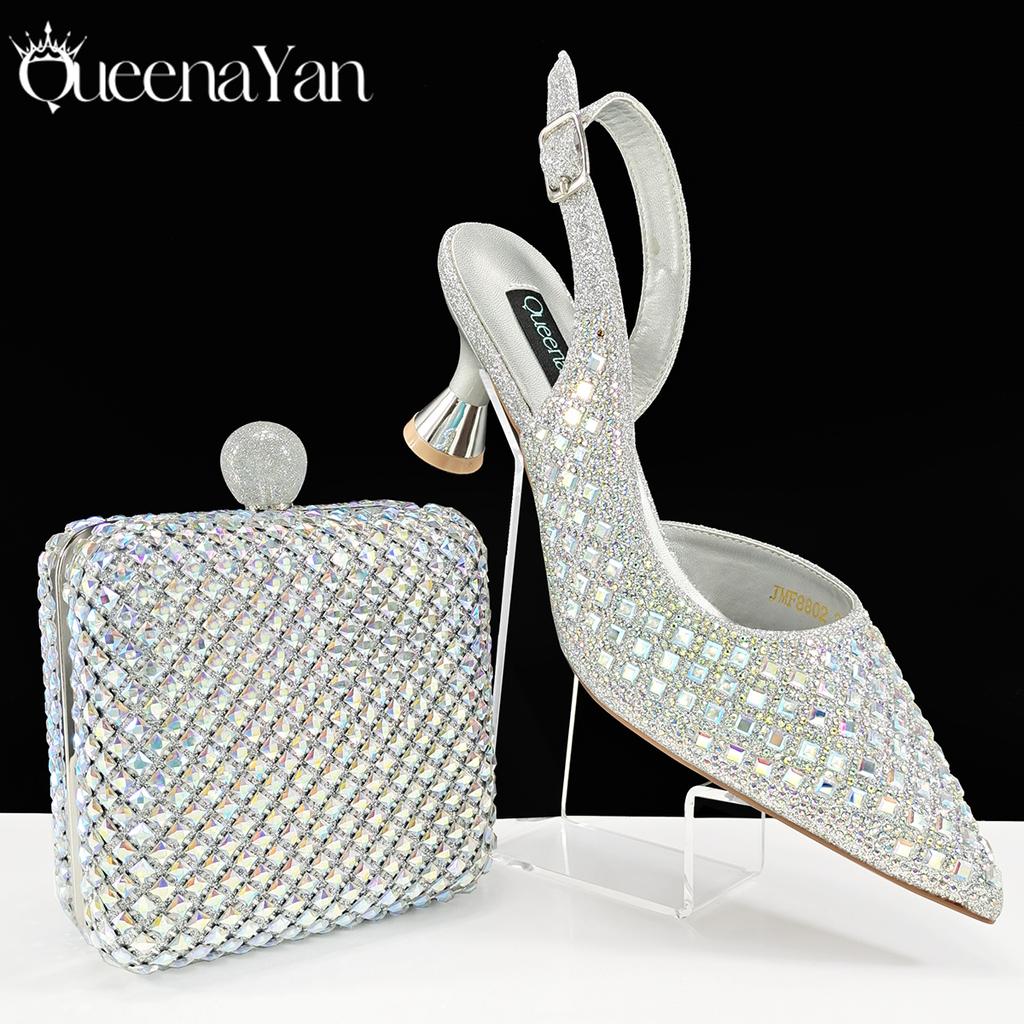 Queena Yan 2025 Italský design Kamínky Luxusní Námořnicky modré Boty a kabelka s špičatou špičkou Dámské vysoké podpatky na večírky Vysoká kvalita