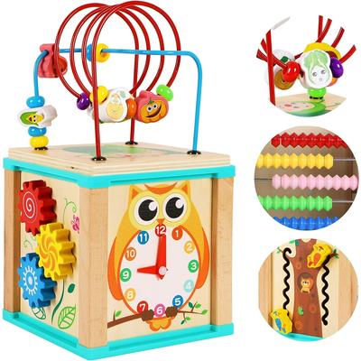 Giocattoli di Legno Oxford Cubo di Attività in Legno, Cubo per Abilità Motorie, Gioco Labirinto di Legno, Anello con Perline, per Bambini, Grande