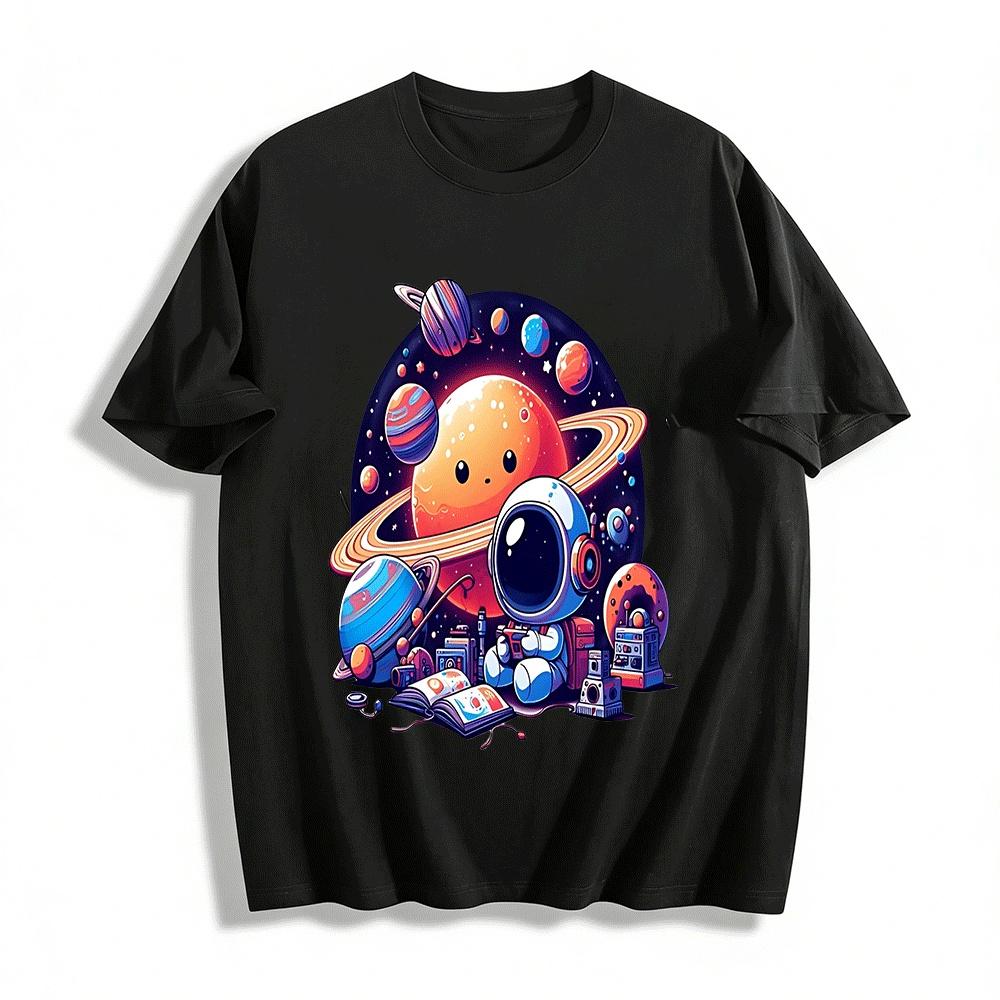 Cute Astronaut Space Planet Print Casual T-Shirt Pure cotton T-shirt XXS
