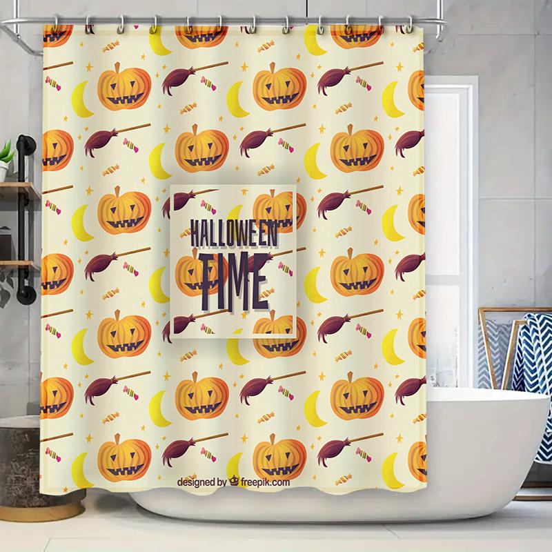 

Halloween Shower Curtain Decorspooky Pumpkin Witch Broomstick Pattern Bath Rug Haunted House Party Supplies Decoration Set For H W60H190(CM)-1 Pcs