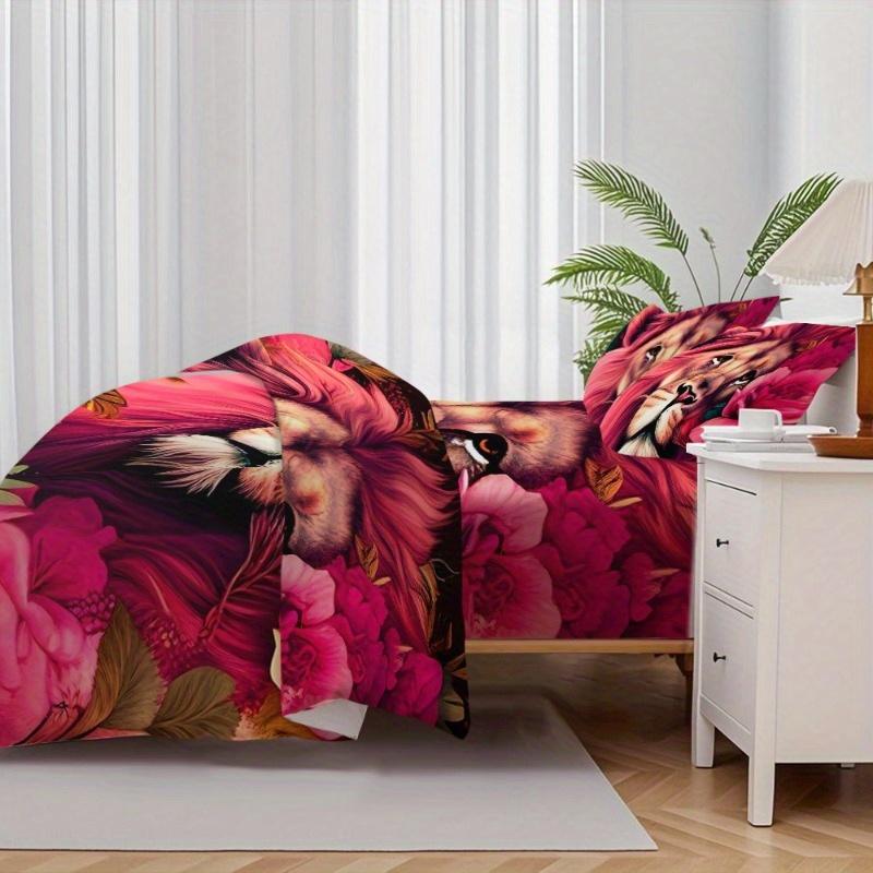 4pcs Flower Lion Pattern All-in-one Duvet Cover SetSoft Breathable Stylish Bedding for Your Bedroom or Guest Room - All-Season