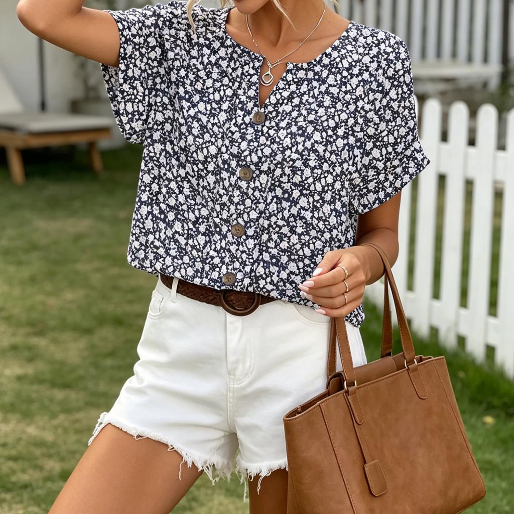 Women's Short Sleeve Pullover Top Floral Print Button Detail Casual Loose Fit Lightweight Blouse for Spring Summer Autumn