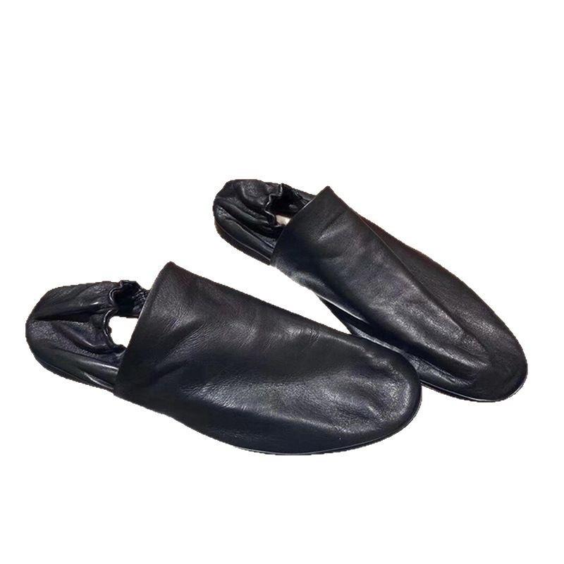 Genuine Leather~ Soft Leather Soft Sole Women's One-pedal Lazy Single Shoes Women's Sheepskin Flat Bottom Black Retro Doudou Shoes