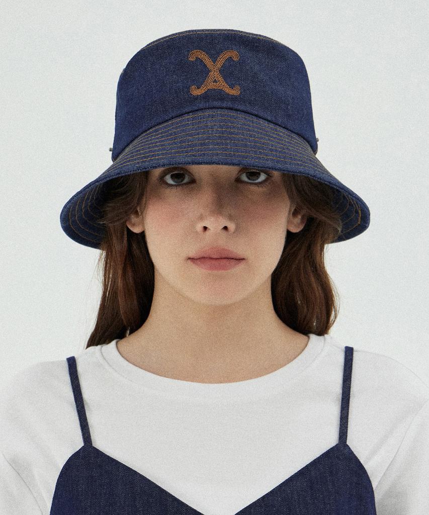Bajal Va Curved Denim Stitch Detail Bucket Hat Indigo