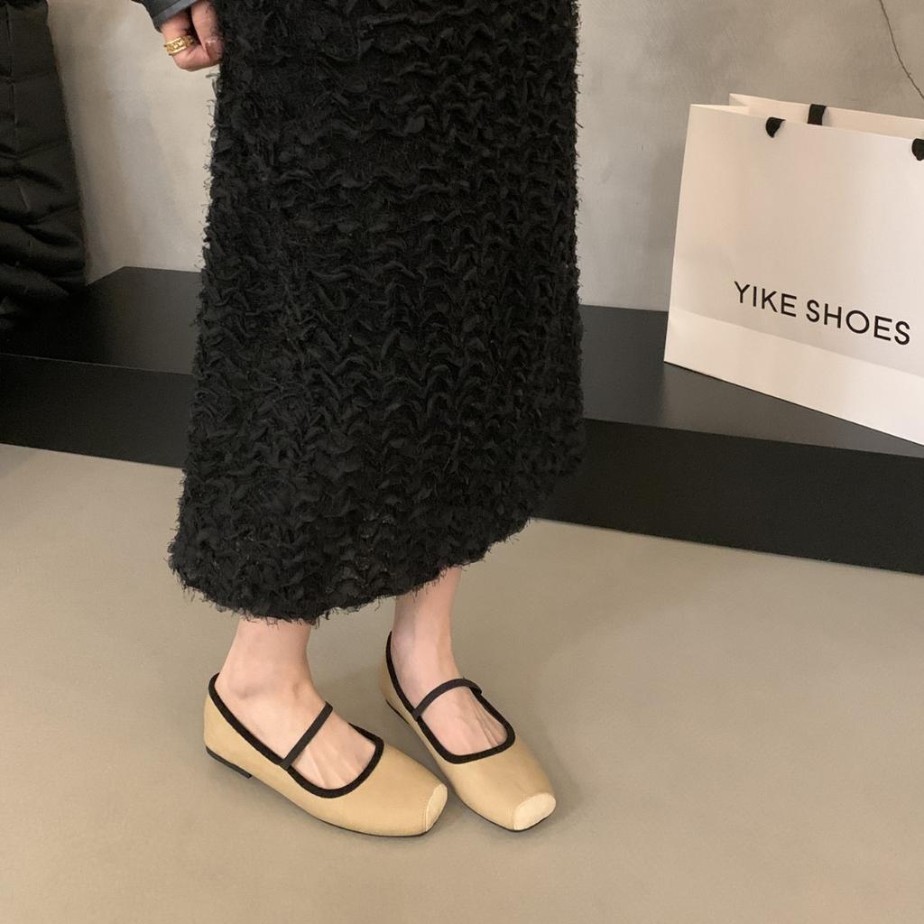 French Retro Simple Word with Square Head Shallow Mouth Single Shoes Women's 2025 Spring and Autumn New Lazy Flat Ballet Shoes
