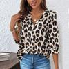 Women's 2025 Autumn New Stitched Lapel Button Fashion Casual Leopard Print Mid-Sleeve Shirt