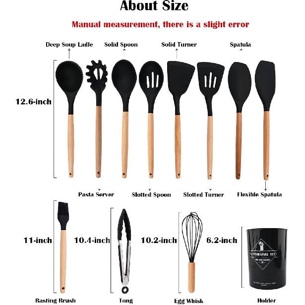 1pcs Black Silicone Balloon Whisk,Heat Resistant Non Scratch Coated Kitchen Whisk with Wooden Handle for Blending Whisking Beating Stirring Cooking