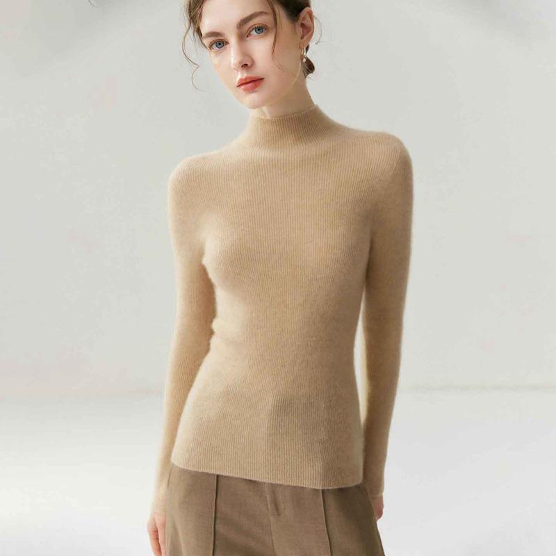 Women's Pure Cashmere Slim-Fit Sweater, Half-High Neck, Knit Base Layer, Autumn/Winter Collection
