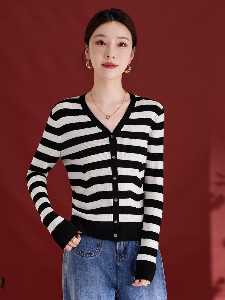 Color Block Striped V-Neck Slimming Knit Women's Cardigan, New Autumn Style, Merino Wool Silk Blend