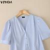 VONDA Elegant Women Short Sleeve Buttons Up Casual Office Blouse Work Wear