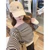 Kumikumi Idle Style Stripe off-Shoulder Long sleeve Knit Women Autumn Chic Age-Reducing Loose Slimming Top