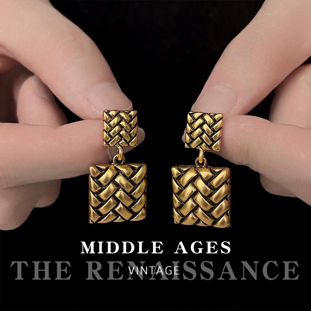 Medieval old gold woven earrings retro American geometric square stud earrings niche earrings