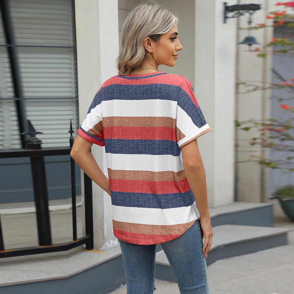 2025 Spring Summer Women's V Neck Batwing Sleeve Pocket T-Shirt, Printed Striped Casual Blouse Top