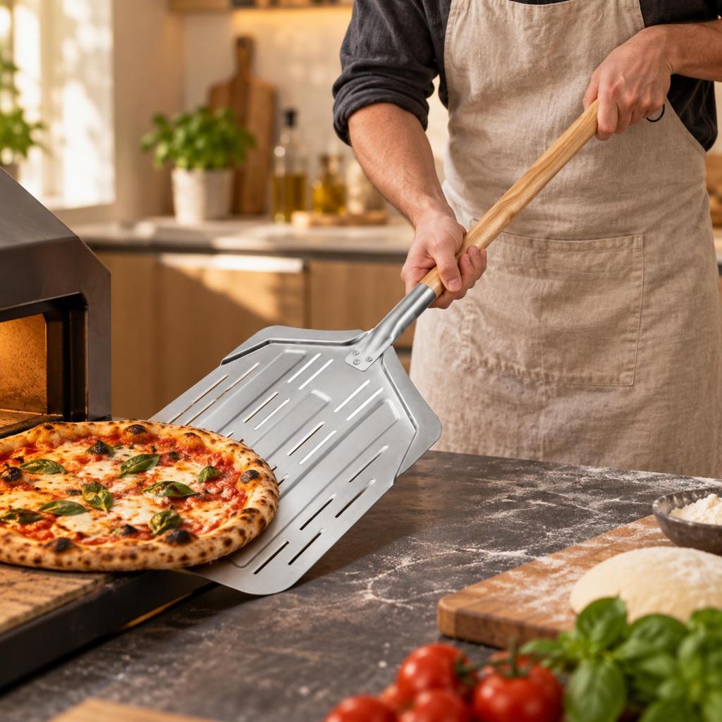 Aluminum Pizza Peel with Wooden Handle Perforated paddleResistant for Home