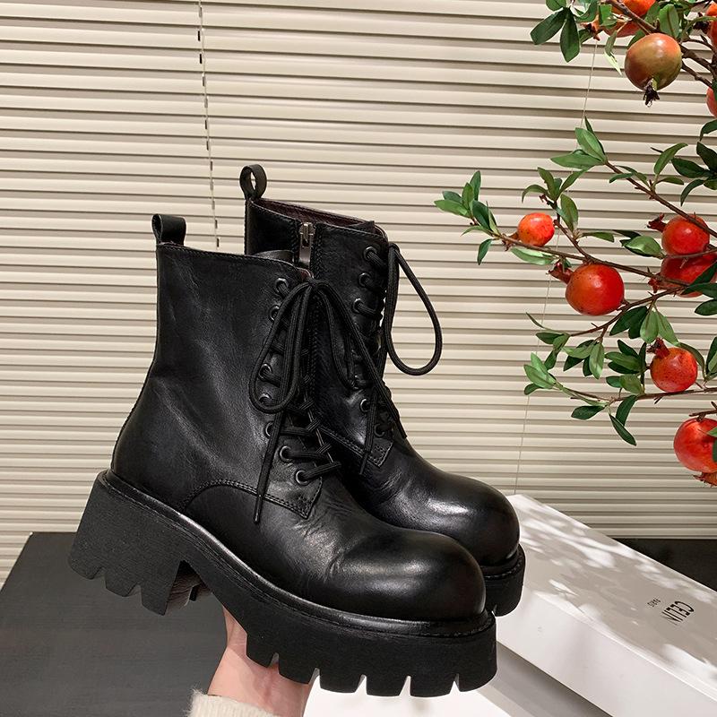 Polished First-layer Cowhide Martin Boots Women's Locomotive Boots Autumn and Winter New Thick-soled Medium Heel Strap Casual Women's Short Boots