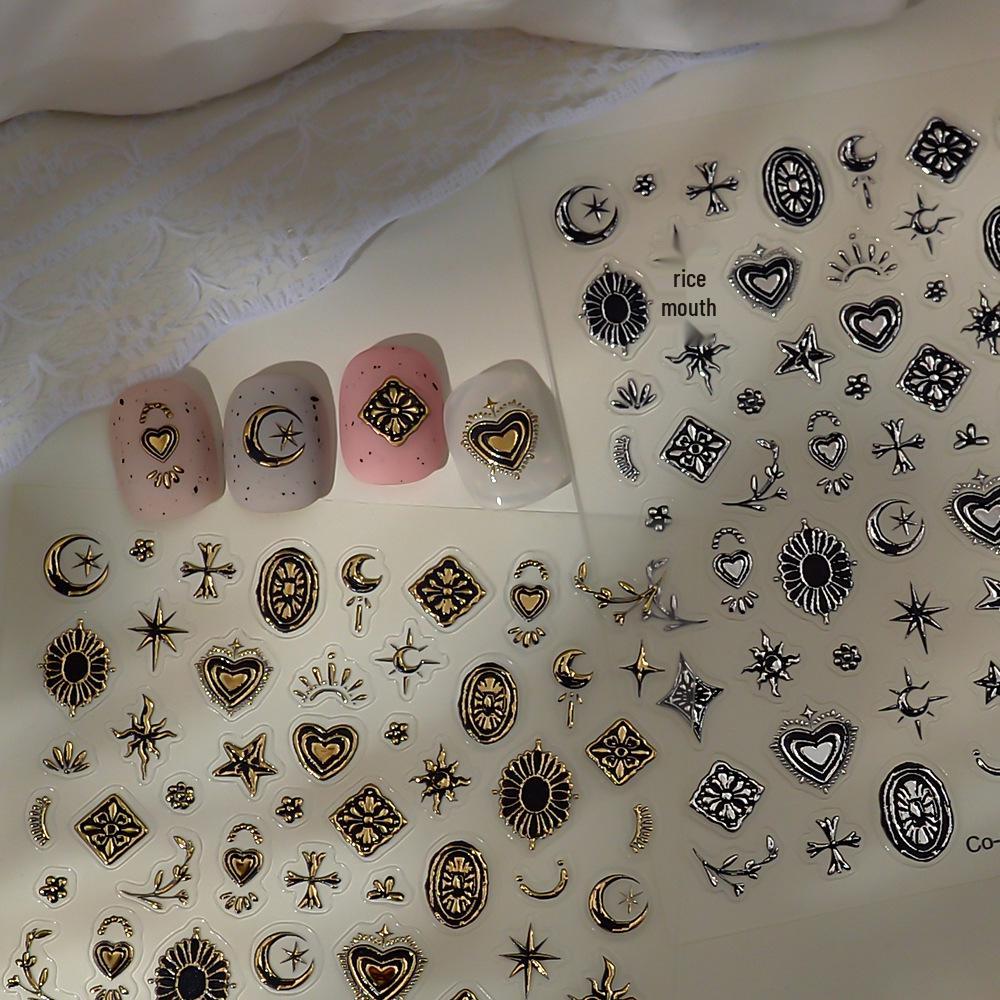 3D Embossed Metal Star & Moon Nail Stickers - Gold & Silver Retro Designs
