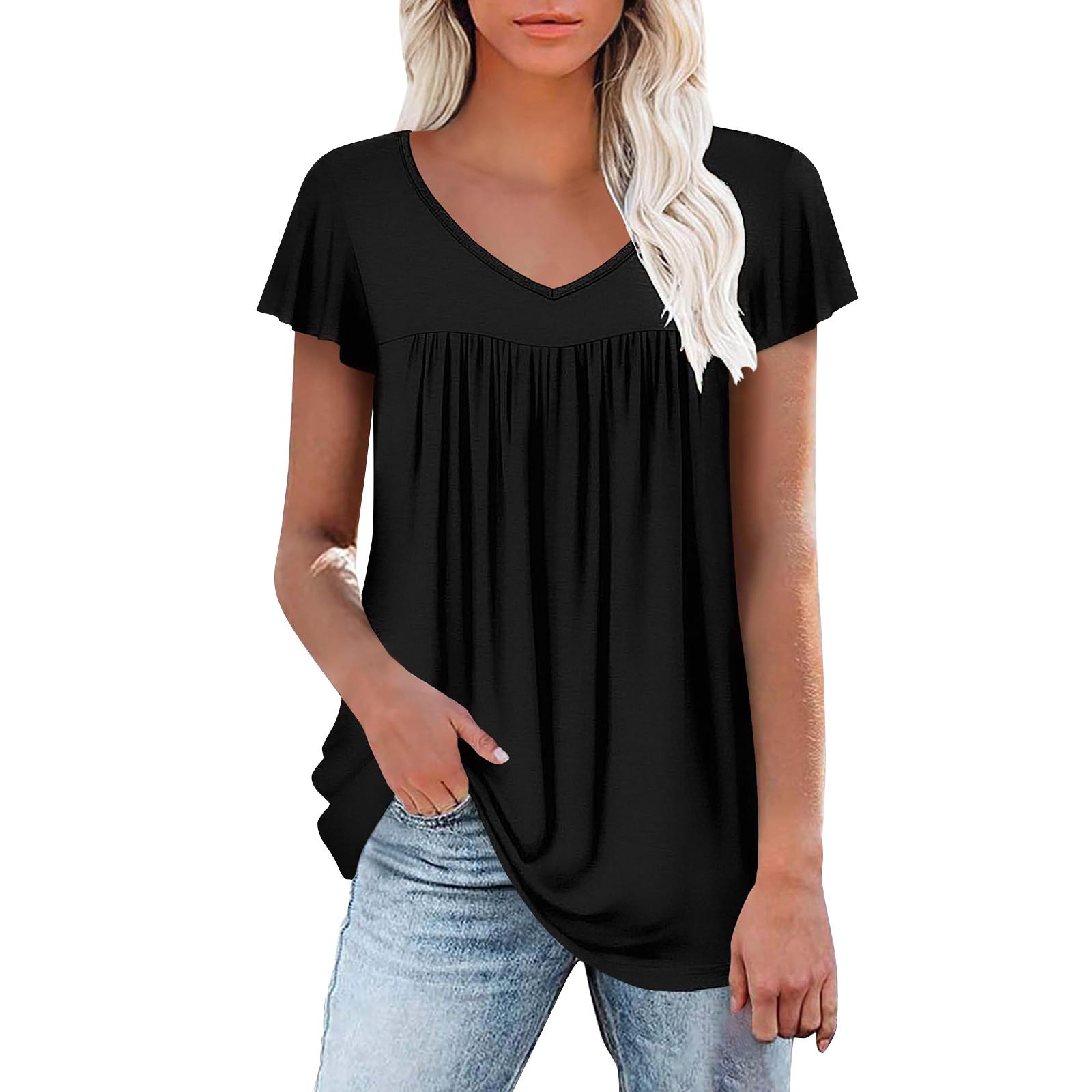 

Женская футболка с коротким рукавом, элегантная повседневная рубашка, весенне-летний наряд, струящиеся плиссированные топы с круглым вырезом спереди, летние топы L чёрный