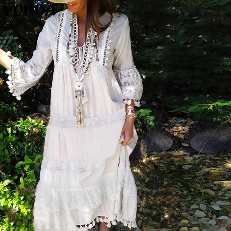 

VONDA женская мода Длинные рукава V шеи санаделька Твердые tassels партии длинные платья Plus Размер