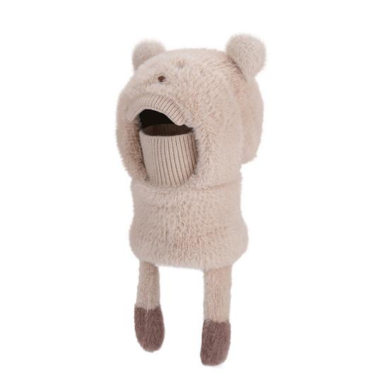 Kids Hat with Face Guard Scarf Plush Inner Lining Solid Color Bear Shape Warm Windproof Knit Hat Autumn Winter Outdoor Wear