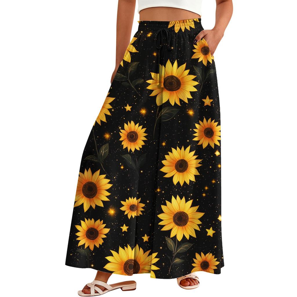 Women's Palazzo Pants Boho Floral Wide Leg Trousers Summer Beach High Waisted Flowy Pants With Pockets
