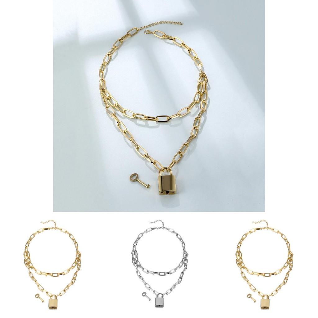 Stylowy Naszyjnik Warstwowy z Zamkiem i Kluczem Elegancka Biżuteria Statement ze Stopu Prezent dla Kobiet