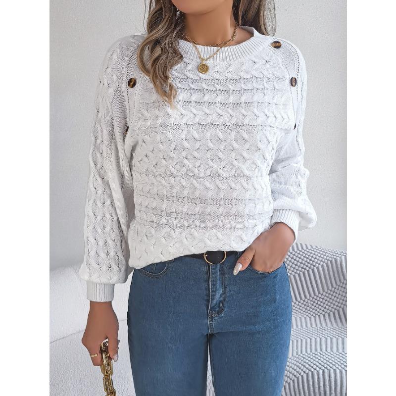 Neuer einfarbiger Pullover mit gedrehten Knöpfen und Laternenärmeln für Damen im Herbst und Winter