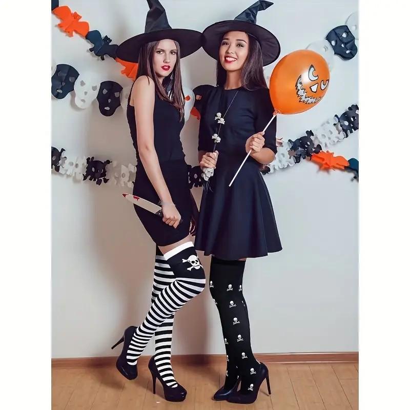 Șosete lungi până la genunchi din poliester cu imprimeu cranii pentru Halloween și Crăciun