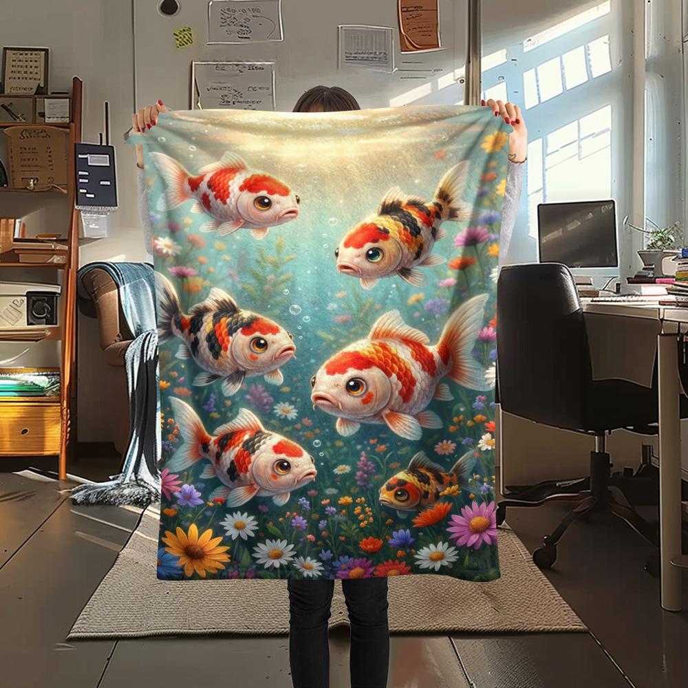 1PC Floral Water Scene Print FlAannel Blanket, High quality Comfortable for All Seasons, Home Decor, Warmth and Comfort