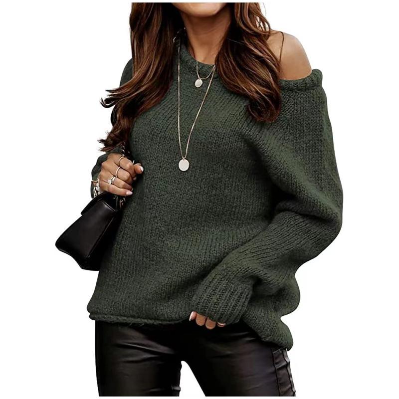 Autumn Winter Off-Shoulder Round Neck Pullover Loose Plus Size Sweater for Women