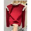 2025 Autumn Women's Apricot Lace Patchwork Knitted Sweater