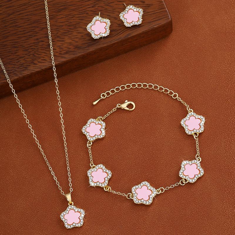 Diamond Studded Five Petal Flower Earring Necklace Complete Set of Jewelry Versatile and Fashionable Five Leaf Flower