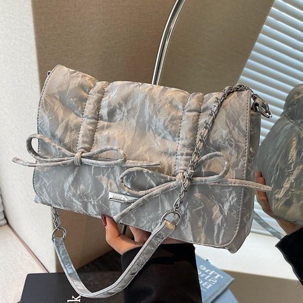 2024 Spring Summer Retro Washed Leather Crinkle Bow Motorcycle Pillow Bag Armpit Bag Fashion Single Shoulder Diagonal Bag