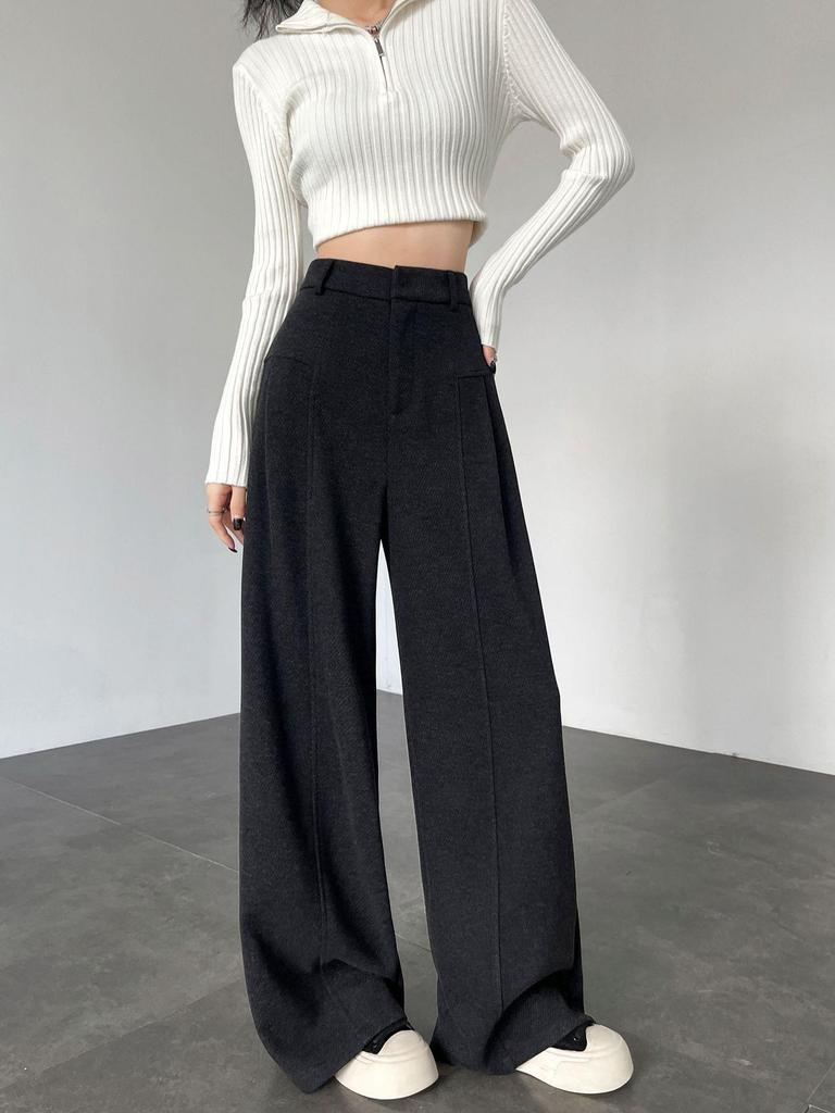 Aixuan Off-White Wool Wide-Leg Casual Pants - Women's High-End Straight-Leg Draped Pants for Autumn 2025