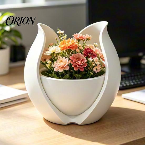 Minimalist White Planter Tulip Flower Shape Planter, 3D Printed Decorative Pot, Stable Desktop Pot Modern Plant Container for Home Office Desk