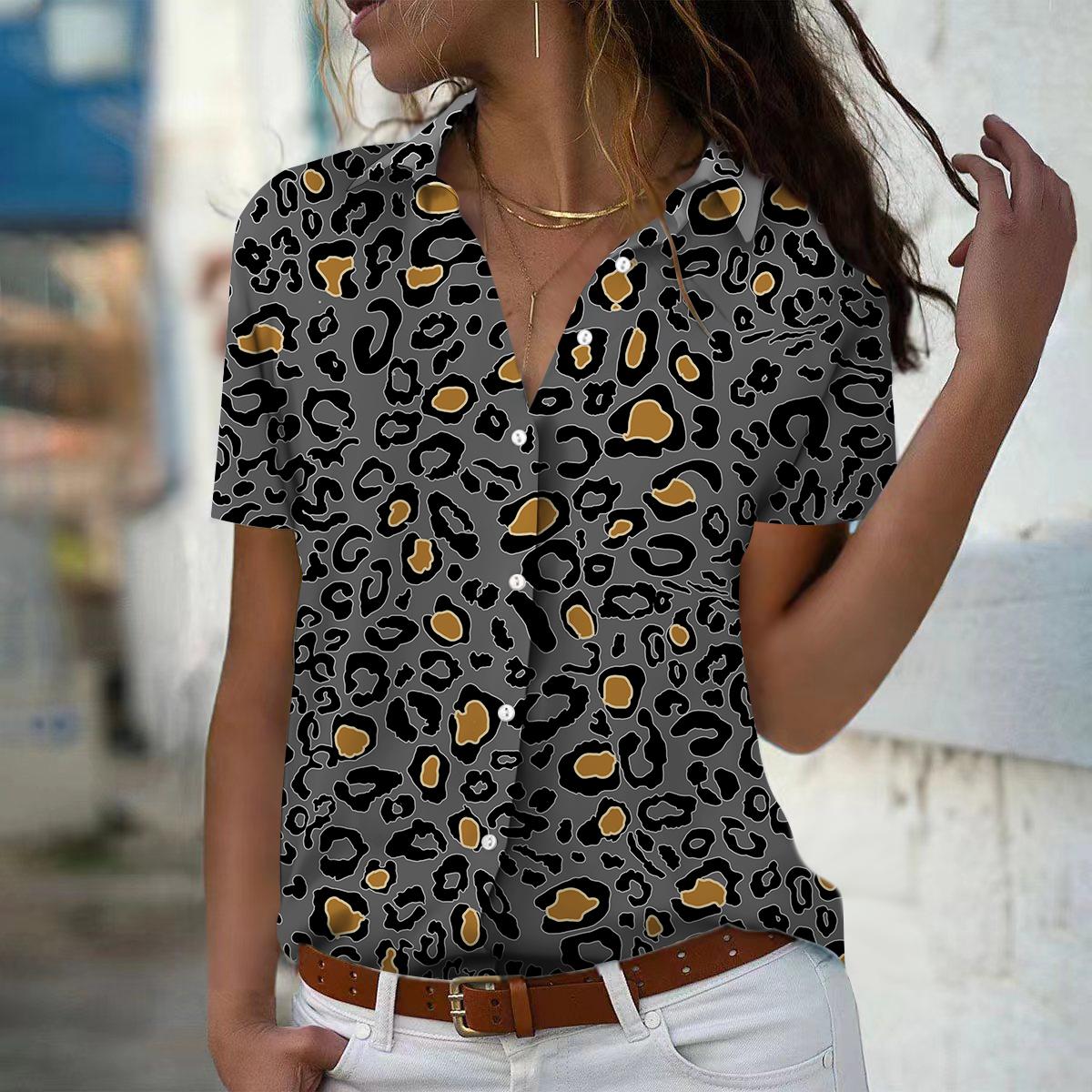 

2025 Лето Новая Мода Женская Рубашка Топ с Леопардовым Принтом, Коротким Рукавом, V-образным Вырезом, Повседневная, на Пуговицах 4XL